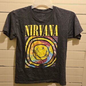 Nirvana Shirt Men's S Graphic Short Sleeve Smiley Face Gray Black Tee